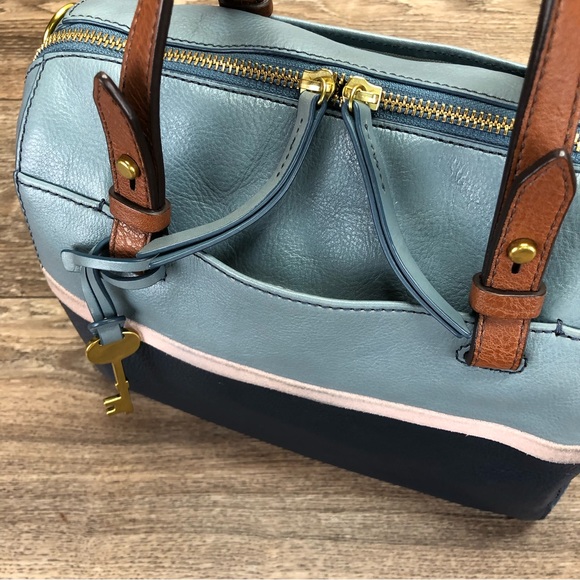 Fossil Rachel Satchel Color Block Blue Leather Handbag - Picture 5 of 13